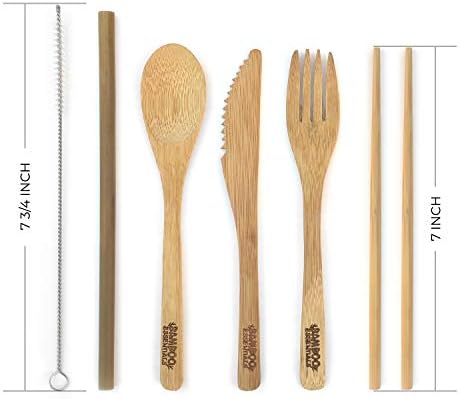 Conjunto de utensílios de viagem de bambu | Farquinho de bambu, faca, colher, pauzinhos, palha, escova de limpeza de palha, bolsa de viagem e carabiner | Excelente para uso diário! Preto meia noite)