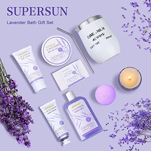 Presentes do dia das mães para a mãe do filho filho, cesta de presentes de spa relaxante para mulheres, perfumadas de lavanda, 8pcs inclui loção para o corpo, banho de espuma, manteiga corporal, sabão de banho, creme de mão, bomba de banho, vela perfumada de lavanda e copo com palha