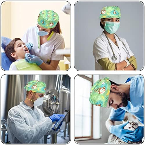 Capace de trabalho com botão para mulheres médicas, chapéus cirúrgicos limpos de limpeza, 2 pacote de empate ajustável