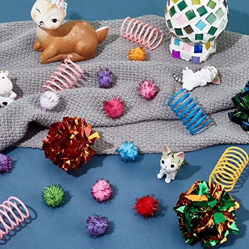 CHGCraft 70pcs 3 Estilos Crinkes Balls Princadeiras incluem 8pcs Cat Spring Plaything 12pcs Aluminizing Balls Crinkes e 50pcs Sparkle Ball Tinsel Pom Poms Glitter para gatinhos para Swat Morda Hunt