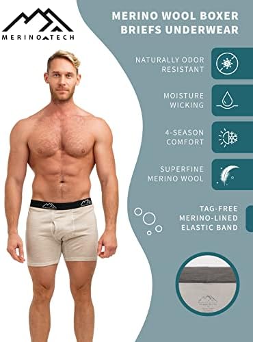 Merino.Tech Merino Wool Roupa Mens - Merino Base de lã Base Boxer Briefs para homens