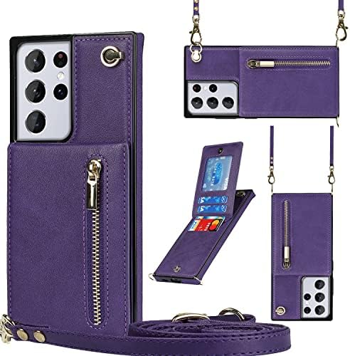 Caixa da carteira xyx para Samsung S21 Ultra, Crossbody Strap PU Zipper Pocket Phone Case Girl Witht Holder Ajustável Ajuste