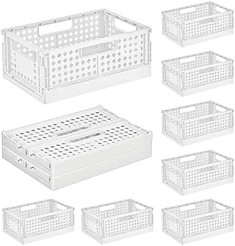 BYFU 10-PACK Medium Plástico empilhável cestas organizando caixas de armazenamento, 9,5 x 6,3 x 3,9 organizadores de gavetas dobráveis, recipientes de prateleira dobráveis ​​para o banheiro de cozinha de escritório Branco de banheiro branco