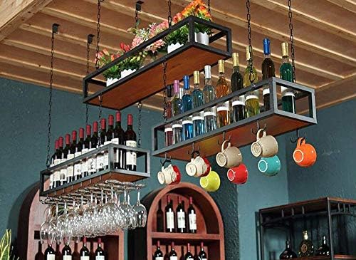 Organize o rack de vidro de vinho da cozinha, o suporte ajustável em cadeia de teto de metal prateleiras de vinho vintage portador de garrafa de vinho com hanger de xícara para cozinha, bar, pubs ou restaurantes/comercial