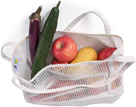 15 Longa alça branca de 15 Bolsas de supermercado reutilizáveis ​​de rede, sacolas de malha lavável de algodão sacos de compras sacos