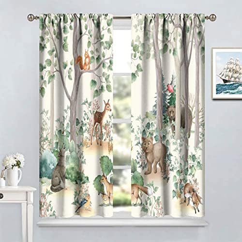 Florest Animal Kids Curtains, Wild Rustic Bear Fox Deer Crianças Tratamentos de janela de desenhos animados Para sala de estar,