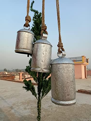 Grande estilo vintage cowbell prata chrope corda pendurada decoração de campainha de casamentos estilo de decoração antiga de 3 conjunto