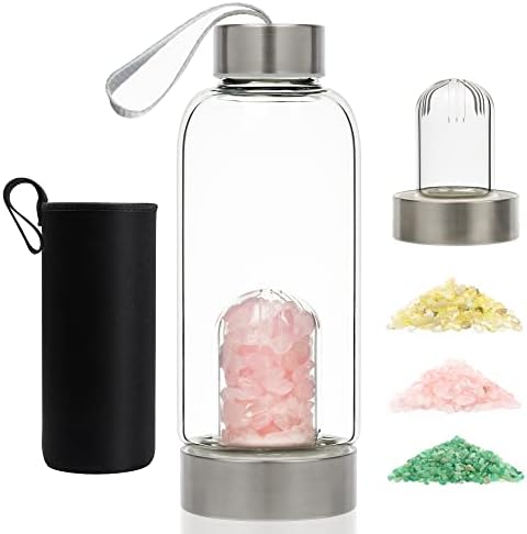 A garrafa de água de cristal de 7Box com 3 tipos de pedras naturais soltas, removíveis de quartzo de cristal natural, garrafa de água de vidro de quartzo natural -380ml