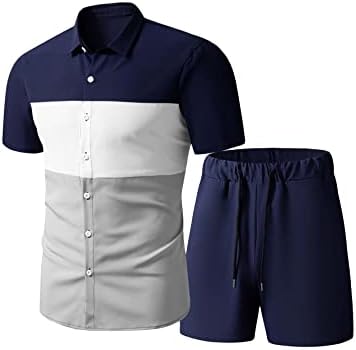 OyoAnge Men's 2 peças roupas coloridas blocos de manga curta e um conjunto de roupas de trabalho da cintura de cordão