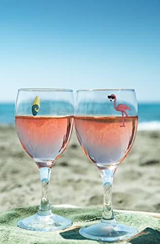 Simplesmente encantado Flamingo Beach Wine Glass Charms - Conjunto de 7 marcadores magnéticos ou tags para copos sem haste ou regular