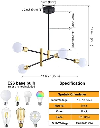 Lanmate sputnik lustre de luminária moderna - 4 luzes de meados do século lustre industrial preto e dourado lustre