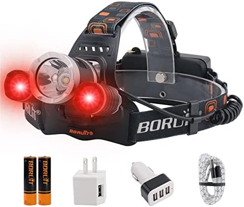 Boruit LED farol recarregável - Ultra Bright 5000 Lumens 3 Modos de iluminação Lâmpada branca de luz vermelha IPX4 Impermeável farol USB para adultos Campo de acampamento de pesca ao ar livre