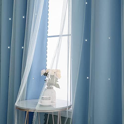 Melodieux estrela cortinas de blecaute 84 polegadas de comprimento para garotas garotas quarto de camada de dupla camada de estrela cortada escurecendo a cortina da janela do berçário, conjunto de 2, w52 x l84 polegadas, azul