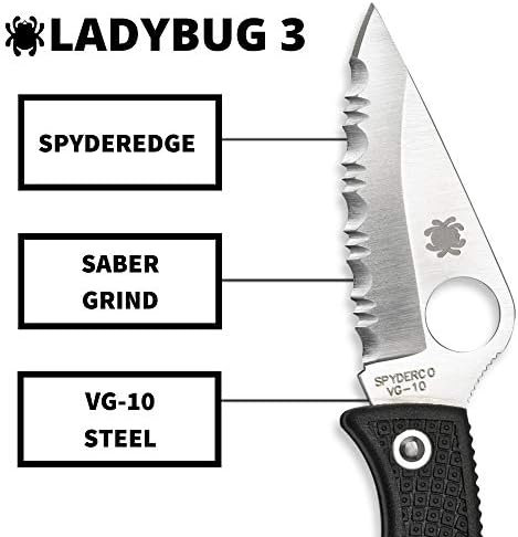 Ladybug Spyderco 3 faca dobrável leve - alça preta FRN com SpyderEdge, moagem oca, lâmina de aço VG -10 e trava traseira - lbks3