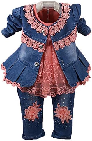 Yao 6m-4y Infant 3pcs Roupas meninas de meninas definidas para roupas casuais casuais jaqueta de vestido de renda e jeans