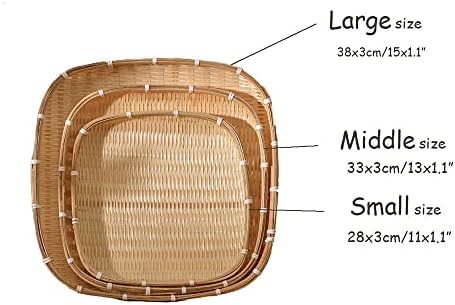 Delicado 6 tamanhos quadrados tecelagem natural artesanal de bambu de bambu bandeja de cesta de forma de forma de forma de cesta rasa e rasa tamanho 11 12 polegadas 13 polegadas 15 polegadas de 16 polegadas personalizando