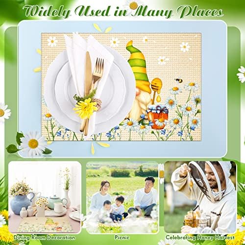 Spring Bee Gnome Daisy Placemats Conjunto de 6 para mesa de jantar, Flores amarelas Daisy abelhas Spring Placemats Tabelas sazonais tapetes naturais de estopa floral placemats de pano de fazenda