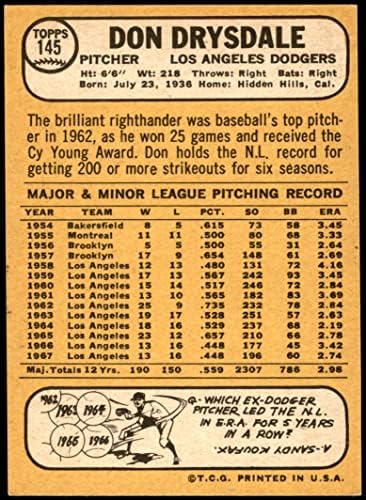 1968 Topps 145 Don Drysdale Los Angeles Dodgers Ex/Mt Dodgers