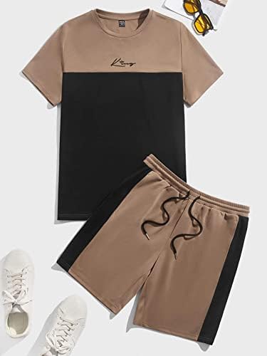 Roupas de duas peças para homens homens letra gráfica colorblock tee e shorts de cintura de cordão