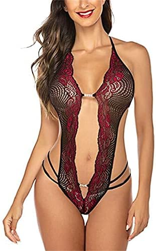 Arraquê de renda floral jesilunmamy para mulheres Deep V Halter Sexy Lingerie Teddy Babydoll Hollow Out 1 peça Roupa Destata