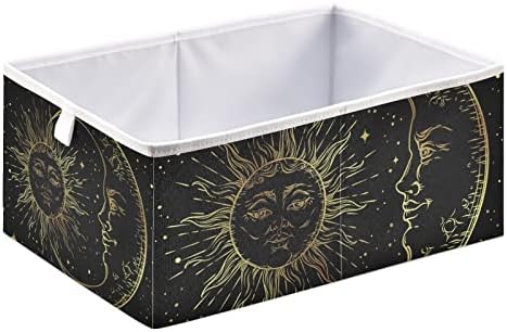 Poeticcity Golden Sun, Crescent Moon e Gold Stars Over Black Galaxy Sky Square Storage Storage Binis