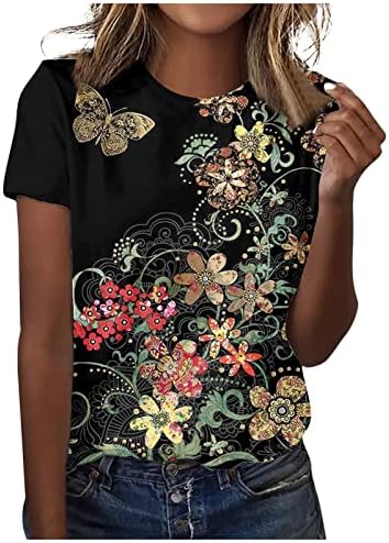 Yuhedada feminina no verão da moda curta de manga curta pescoço redondo blusa estampada verão camisetas de algodão casual e