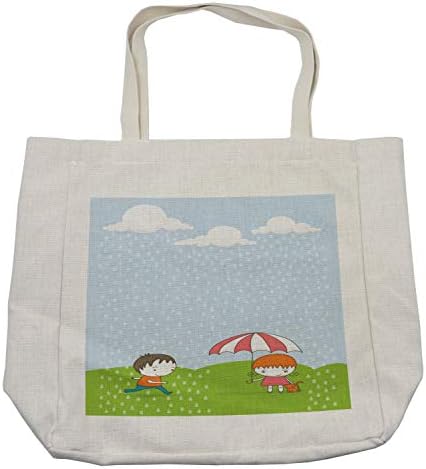 Bolsa de compras em nuvem de Ambesonne, garoto correndo para menina com um guarda-chuva na cena climática do estilo