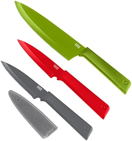 Kuhn Rikon colori+ faca mista com revestimento antiaderente e bainhas de segurança, conjunto de 3, verde, vermelho e cinza escuro