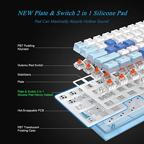 Womier WK61 Teclado de 60%, teclado de teclado a quente-swappable Teclado Mecânico RGB Ultra Compact RGB W/Pudding Keycaps, Red Switch linear, Driver/Software Suportado-Glacier azul