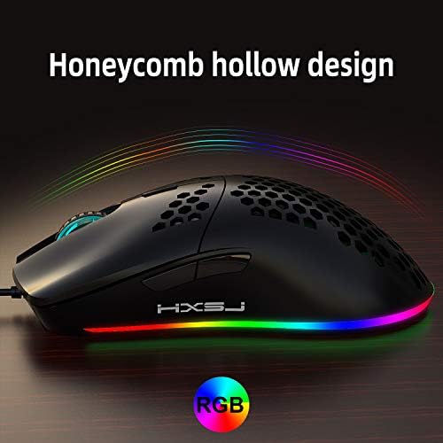 Mouse de jogos USB, favo de favo de mel com mouse com fio ergonômico leve com luz de fundo, até 6400 dpi, RGB Gaming Mouse para Mac, laptop, computador