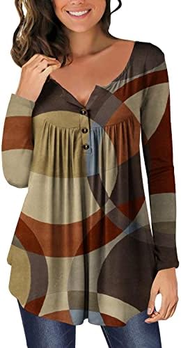 Tops femininos geometria casual camisetas de impressão de bloco colorido de manga comprida Botão aberto V-deco