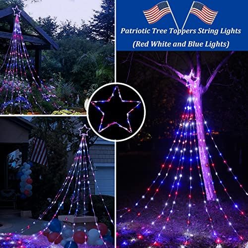 Luzes de corda estrela de estrela de decoração 4 de julho, 13 pés 240 luzes de árvore em cascata iluminadas com estrela do topper 8