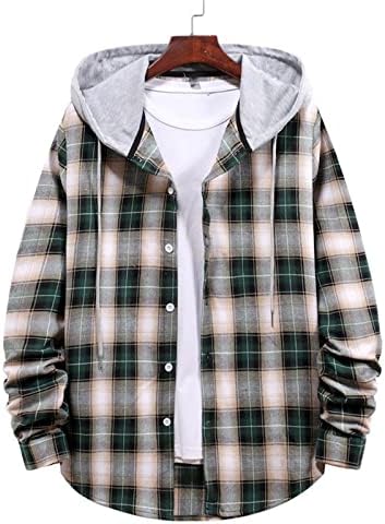 Camiseta de manga comprida camisetas para homens Casual Turndown Button Fechamento xadrez de camisa com capuz com capuz