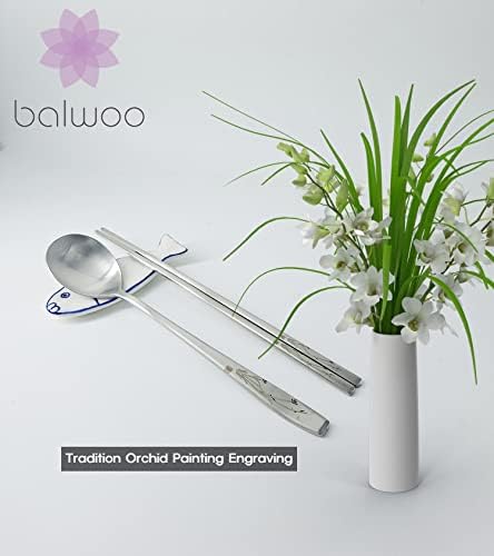 Balwoo [2 conjuntos] Design de orquídea Estilo coreano Rice colher de arroz de pauzinhos