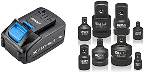 NEIKO 40063 20 volts-íon de íons de lítio Bateria de substituição 10878a Cleava de impacto e 30223a 8 PC Adaptador de soquete de impacto Conjunto, tamanho padrão SAE