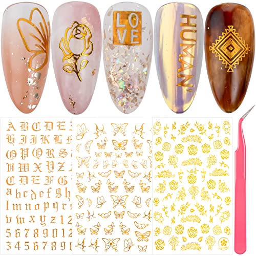 Adesivos de arte da unha, 9 folhas de mais de 600 adesivos de unhas para unhas, juntamente com pinça afiada, decalques de unhas de auto-adesivo de ouro 3D, rose amor letra de borboleta para mulheres e garotas design de unhas, por xipoo