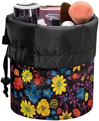 Coeqine Sacos de maquiagem de flores coloridas com cordão para mulheres Caso de cosméticos leves femininos para Lady Travel Work Sacos de lavagem portátil
