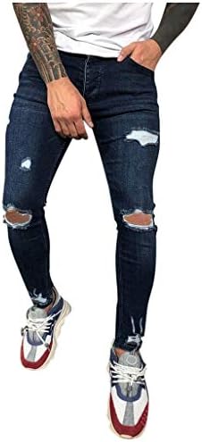 Jeans ubst para mens, angustiado buraco rasgado slim fit street lavado casual cônico