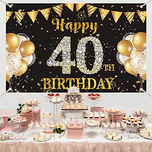 40º aniversário Banner de Branco, Liclete de Feliz Aniversário Banner, Decorações de festas pretas e douradas para homens Mulheres, 40º aniversário Celebração Booth Cenário 71 * 43 polegadas Phxey