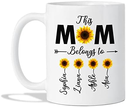 Personalizada Esta mãe pertence a caneca com nome, girassol mamãe caneca, presente de caneca de cerâmica para mãe de