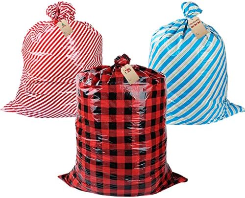 Lezakaa Christmas Jumbo Gift Saco com barbante, etiqueta de presente, grandes sacolas de plástico com listra vermelha e azul