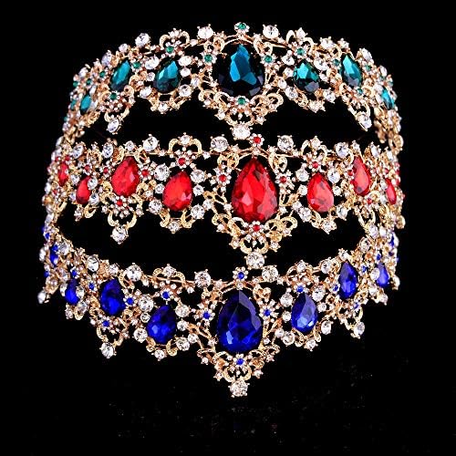 Hair Jewelry Crown Tiaras for Women Crown Barroco Red Blue Green Crystal Tiaras Crown Crown Vintage Gold Hair Acessórios