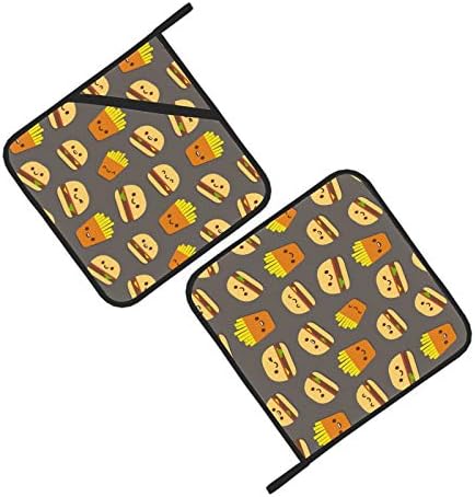 Hamburger Cartoon Cute Decor Pote Titular com bolsos Porta de panela resistente ao calor Conjunto de 2 PCs Toalhas de cozinha e suporte de panela 8 × 8 polegadas para cozinhar e assar
