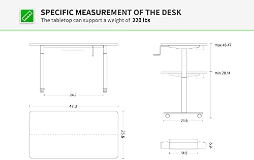 Famisky manivela de altura ajustável mesa em pé, 48 x 24 polegadas manual de mesa de stand up, sentar estação de trabalho para o escritório em casa com alça e placa de emenda, quadro preto/tampo preto