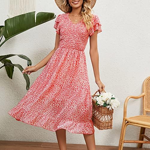 Mulheres Vestido floral de verão Casual Wrap V Neck Ruffle vestidos em camadas de manga curta Bainha plissada Flowy Swing Midi Dress