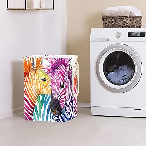 Colorido aquarela a aquarela zebra lavanderia cestar forro embutido com suportes destacáveis ​​cesta de lavanderia com alças