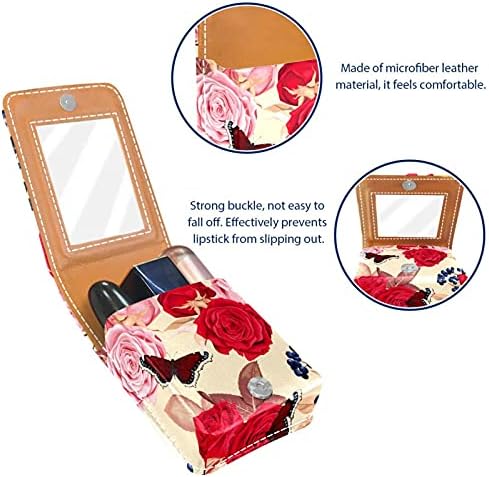 Pink Rose Rose Butterfly Lip Gloss Portler Case de batom portátil Bolsa de maquiagem Case de batom de batom com espelho Mini Lipstick Storage Box for Women