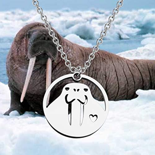 FeelMem Walrus Colar Animal Sea Animal Walrus Cutout Round Disc Pingnd Pingnd Colar Walrus Gift for Animal Lover