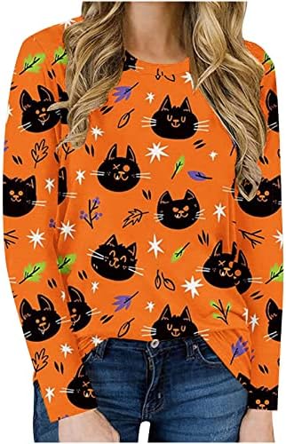 Camisetas de pescoço da tripulação laranja queimada para mulheres de manga longa gato férias gráficas Halloween Brunch Kawaii Bloups camisetas adolescentes
