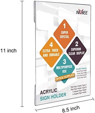 NIUBEE 8.5x11 Clear acrílico plástico suportes com gancho e loop removíveis, titular de menu de documentos de sinal de parede para escritório, casa, loja, restaurante-não perfuração